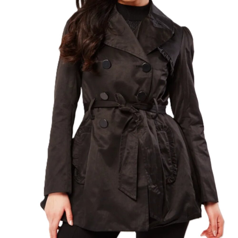 NWT Black Double Breasted Ruffle Trench Coat Jacket Dark Academia Classic 8-10